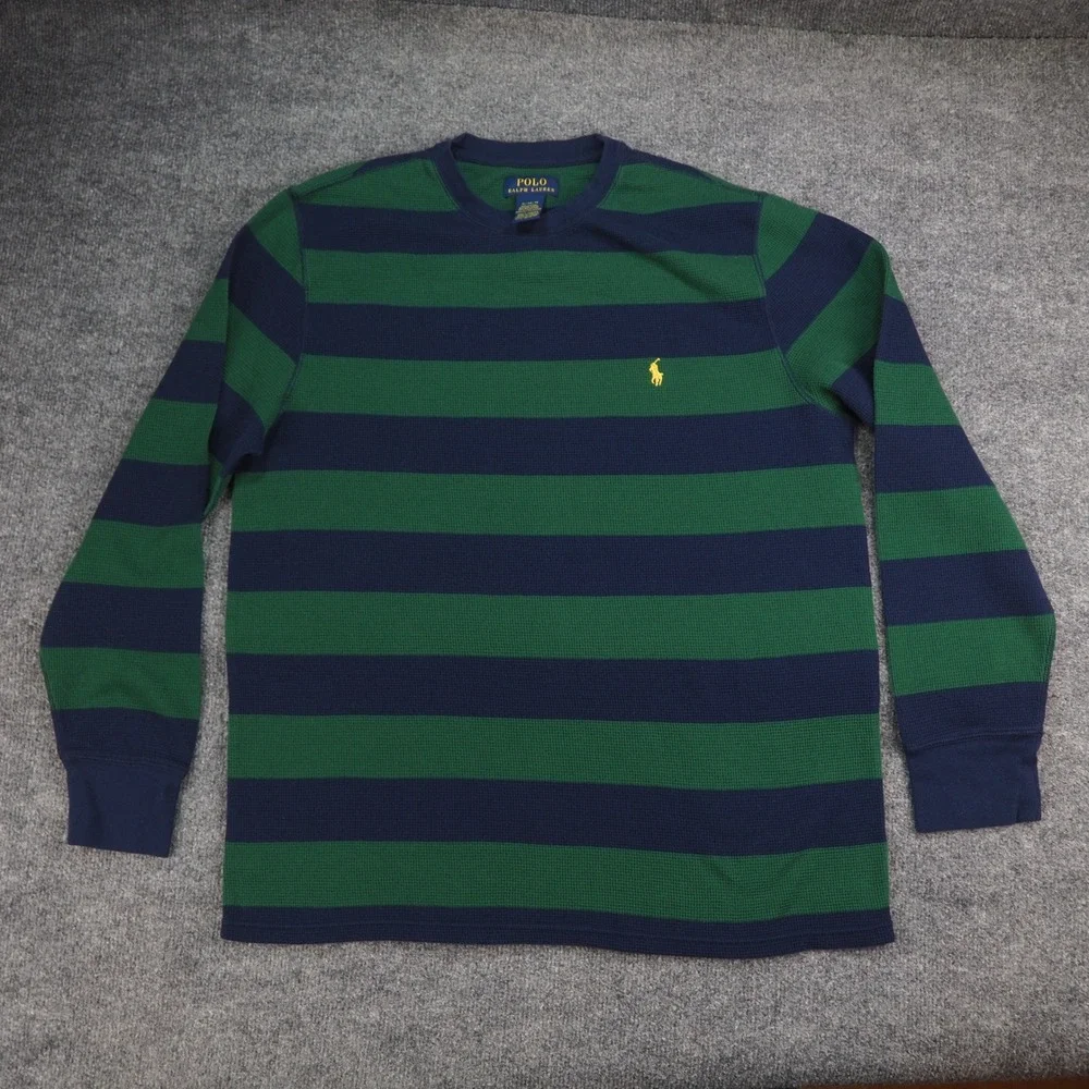 Polo Ralph Lauren Waffle Knit Men XL Green Blue Striped Thermal Crewneck Sweater